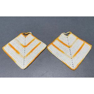 Vintage 1960s Crochet Potholders Set of 2 Handmade Orange & Cream